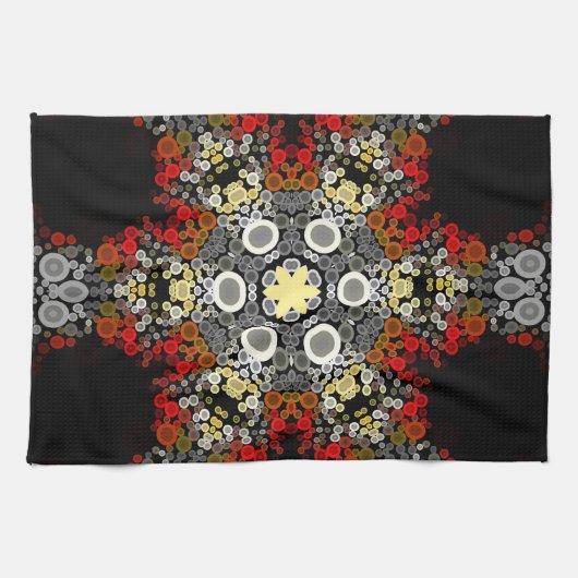 Linge De Cuisine Dot Mandala Fleur rouge jaune et gris (Horizontal)