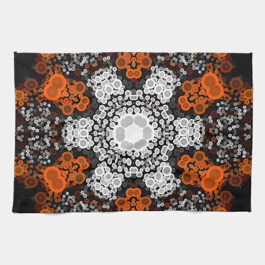 Linge De Cuisine Dot Mandala Flower blanc orange et noir (Horizontal)
