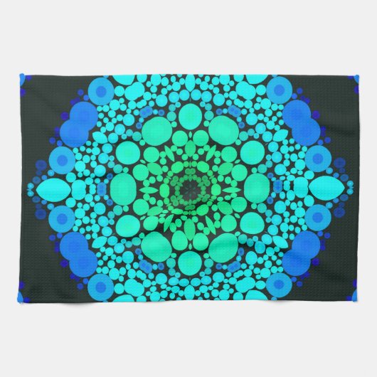 Linge De Cuisine Dot Mandala Flower bleu et vert (Horizontal)