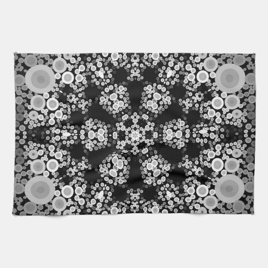 Linge De Cuisine Dot Mandala Flower Gris et noir (Horizontal)