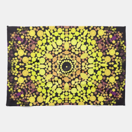 Linge De Cuisine Dot Mandala Flower Jaune violet et noir (Horizontal)