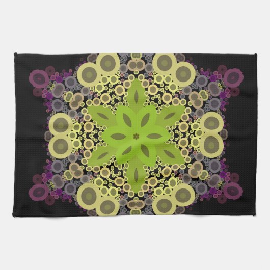 Linge De Cuisine Dot Mandala Flower vert Jaune et violet (Horizontal)