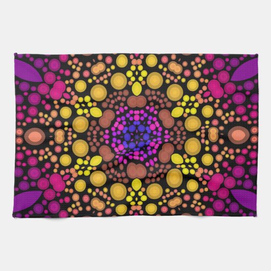 Linge De Cuisine Dot Mandala Flower violet et jaune (Horizontal)