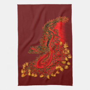 Linge De Cuisine Dragon chinois dessin rouge et or