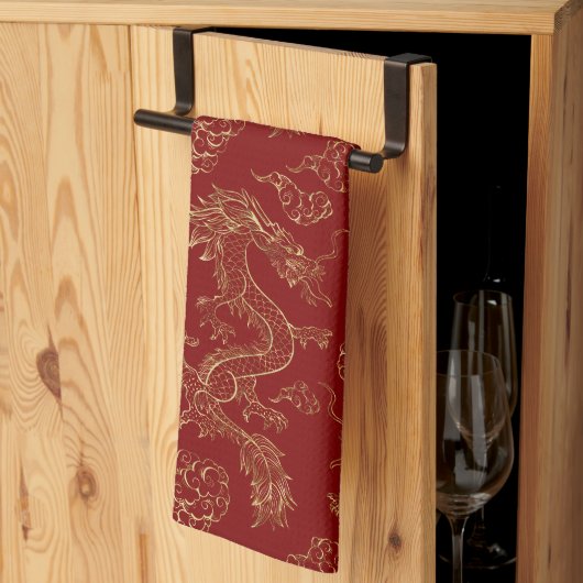 Linge De Cuisine Dragon chinois or et rouge foncé (Pliage en tiers)