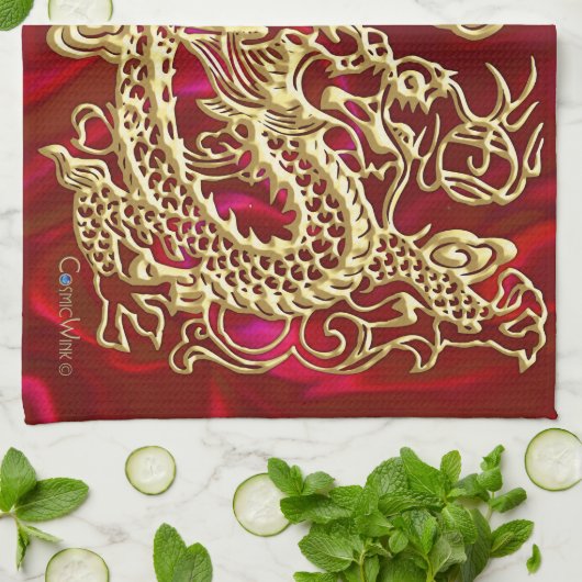 Linge De Cuisine Dragon d'or embouti sur papier satin rouge (Plié)