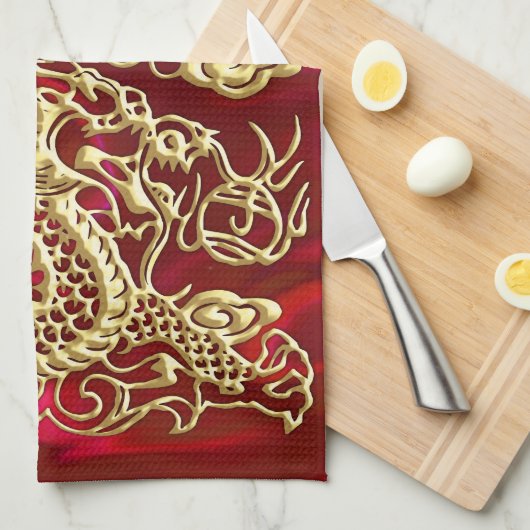 Linge De Cuisine Dragon d'or embouti sur papier satin rouge (Quart Plié)