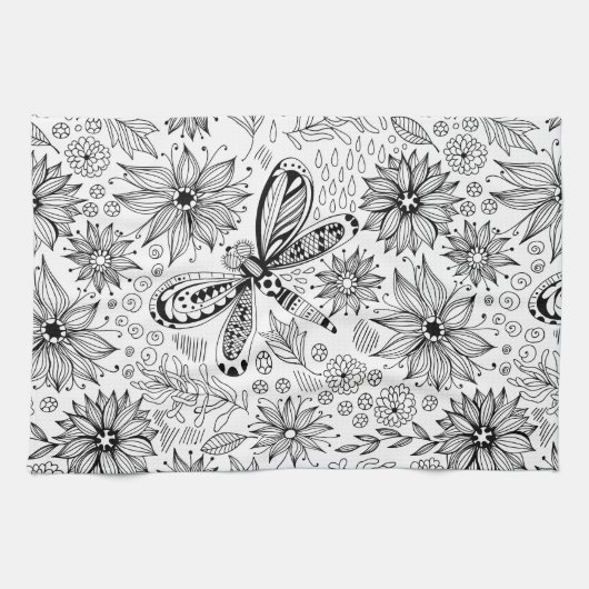 Linge De Cuisine Dragonfly et doodle de fleurs (Horizontal)
