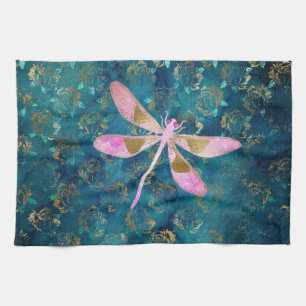 Linge De Cuisine Dragonfly rose Gold sur Turquoise Floral Arrière -