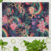 Linge De Cuisine Dragons et fleurs de néon (Plié)