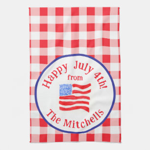 Linge De Cuisine Drapeau du 4 juillet à carreaux rouges aquarelle N