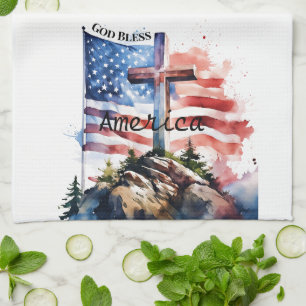 Linge De Cuisine Drapeau et croix "Dieu bénisse l'Amérique"