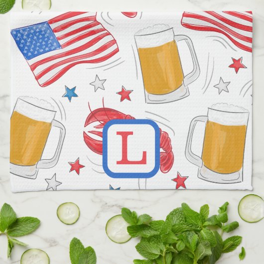 Linge De Cuisine Drapeau patriotique Beer Lobster Stars Monogramme (Plié)