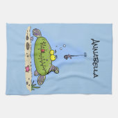 Linge De Cuisine Drôle gras affamé poisson vert dessin de pêche (Horizontal)