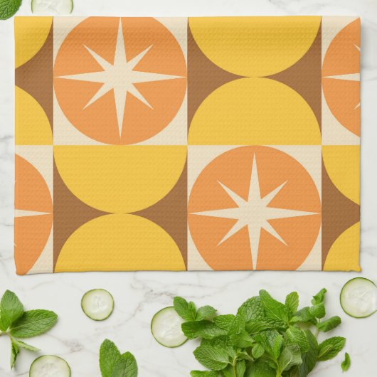 Linge De Cuisine Éclats de milieu de siècle sur des cercles orange (Plié)