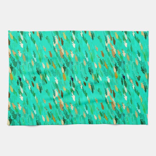 Linge De Cuisine École de Poisson, Aqua, Vert et Or (Horizontal)