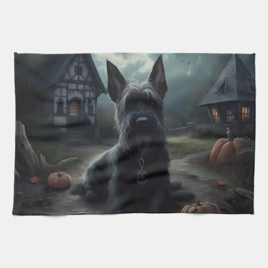 Linge De Cuisine Ecosse Terrier Citrouille Halloween effrayant (Horizontal)