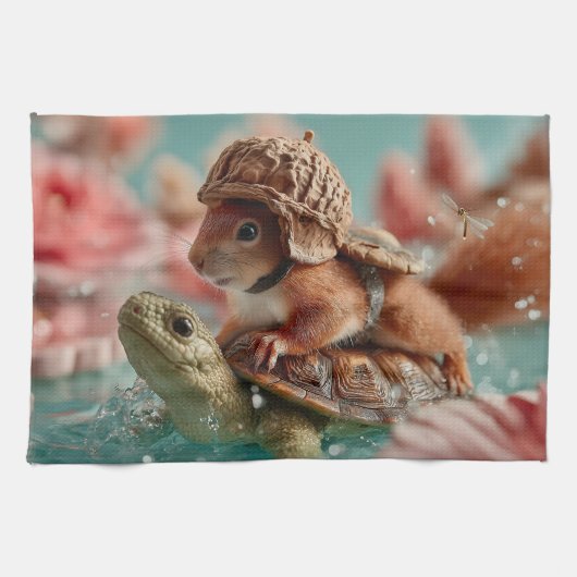 Linge De Cuisine Écureuil géant chevauchant une tortue (Horizontal)
