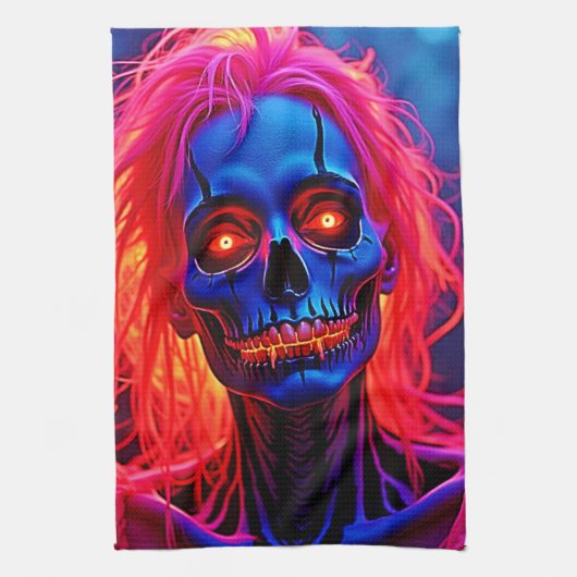 Linge De Cuisine Eerie Skeleton avec conception de cheveux roses (Vertical)