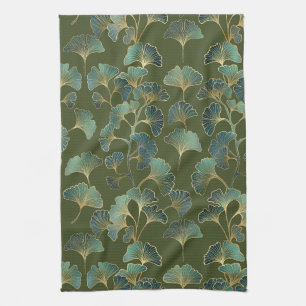 Linge De Cuisine Élégance de Ginkgo Émeraude – Botanique Or Luxueux