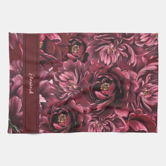 Linge De Cuisine Élégance des fleurs bordeaux (Horizontal)