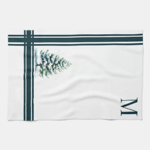 Linge De Cuisine Élégant Aquarelle Aiguille Neige Arbre Monogramme