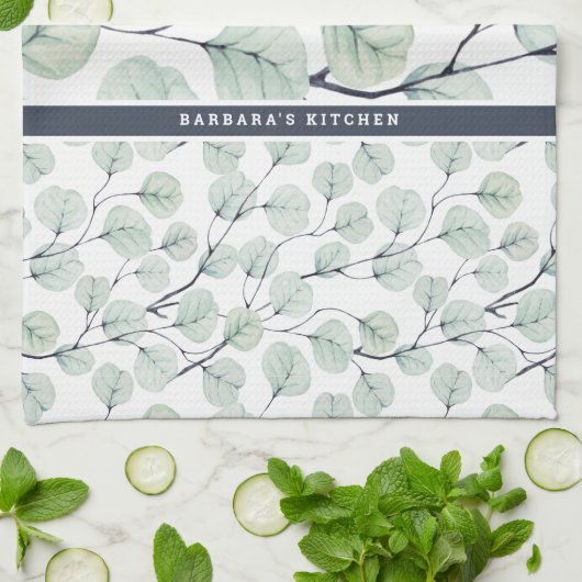 Linge De Cuisine Elégant aquarelle Eucalyptus Monogramme botanique (Plié)
