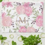 Linge De Cuisine Elégant aquarelle Rose Motif or Monogramme (Plié)