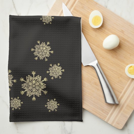 Linge De Cuisine Élégant Black & Gold Snowflakes Noël (Quart Plié)