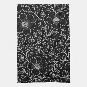 Linge De Cuisine Elégant blanc motif floral noir