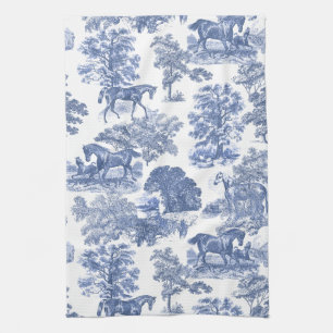 Linge De Cuisine Elégant Bleu Blanc Rustique Horses Toile
