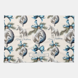 Linge De Cuisine Élégant bleu Noël blanc cheval motif