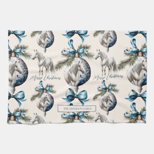 Linge De Cuisine Élégant bleu Noël blanc cheval motif (Horizontal)