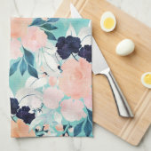 Linge De Cuisine Elégant bleu rose Fleurs de menthe Aquarelle Flora (Quart Plié)