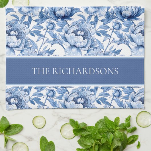 Linge De Cuisine Elegant Blue and White Chinoiserie Floral Pattern (Plié)