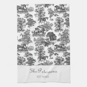 Linge De Cuisine Elégant Cheval Blanc Noir Toile Rustique Ferme