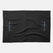 Linge De Cuisine Élégant Chic Script Famille Monogramme Noir Bleu (Horizontal)