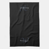 Linge De Cuisine Élégant Chic Script Famille Monogramme Noir Bleu (Vertical)