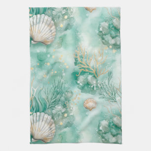 Linge De Cuisine Elégant Corail Or & Coquillages Aquarelle Art