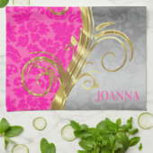 Linge De Cuisine Élégant Damas Rose Or & Argent (Plié)