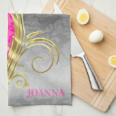 Linge De Cuisine Élégant Damas Rose Or & Argent (Quart Plié)