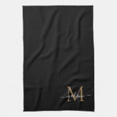 Linge De Cuisine Élégant élégant Noir Or Monogramme Nom du script (Vertical)