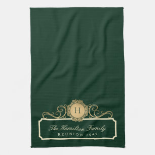Linge De Cuisine Élégant Famille Reunion Gold Monogramme Vert