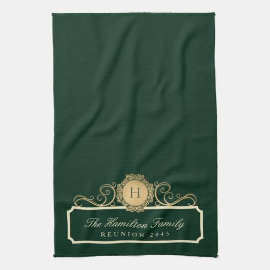 Linge De Cuisine Élégant Famille Reunion Gold Monogramme Vert (Vertical)