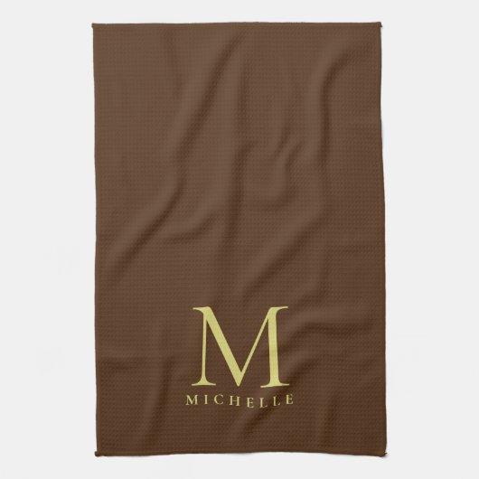 Linge De Cuisine Élégant Faux Gold Monogramme Nom Modèle Brown (Vertical)