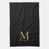 Linge De Cuisine Elégant Faux Gold Monogramme Nom Modèle Noir (Vertical)