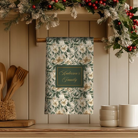 Linge De Cuisine Elegant Floral Art Personalized Green Gold Towel 