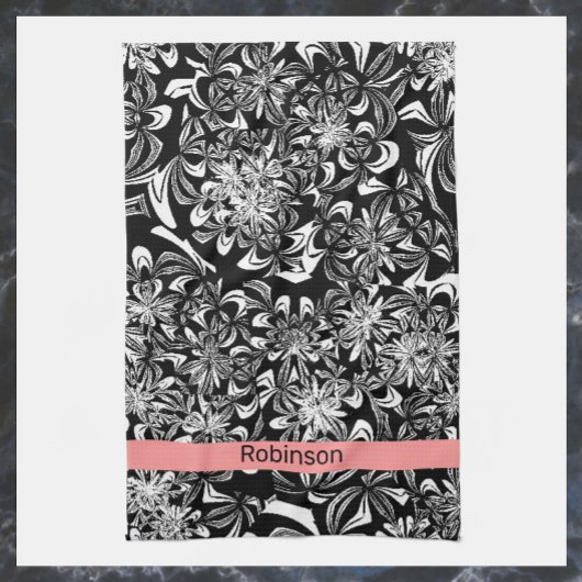 Linge De Cuisine Élégant floral noir et blanc