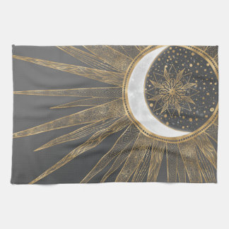 Linge De Cuisine Elegant Gold Doodles Sun Moon Mandala Design
