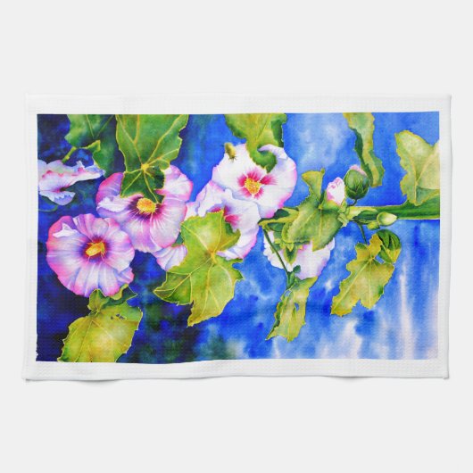 Linge De Cuisine Elégant jardin fleuri rose blanc aquarelle (Horizontal)